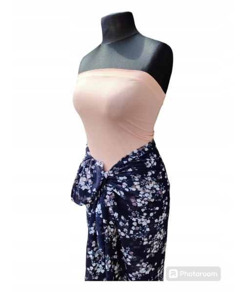 Duża chusta plażowa - eleganckie PAREO XXL szyfon białe kwiatuszki